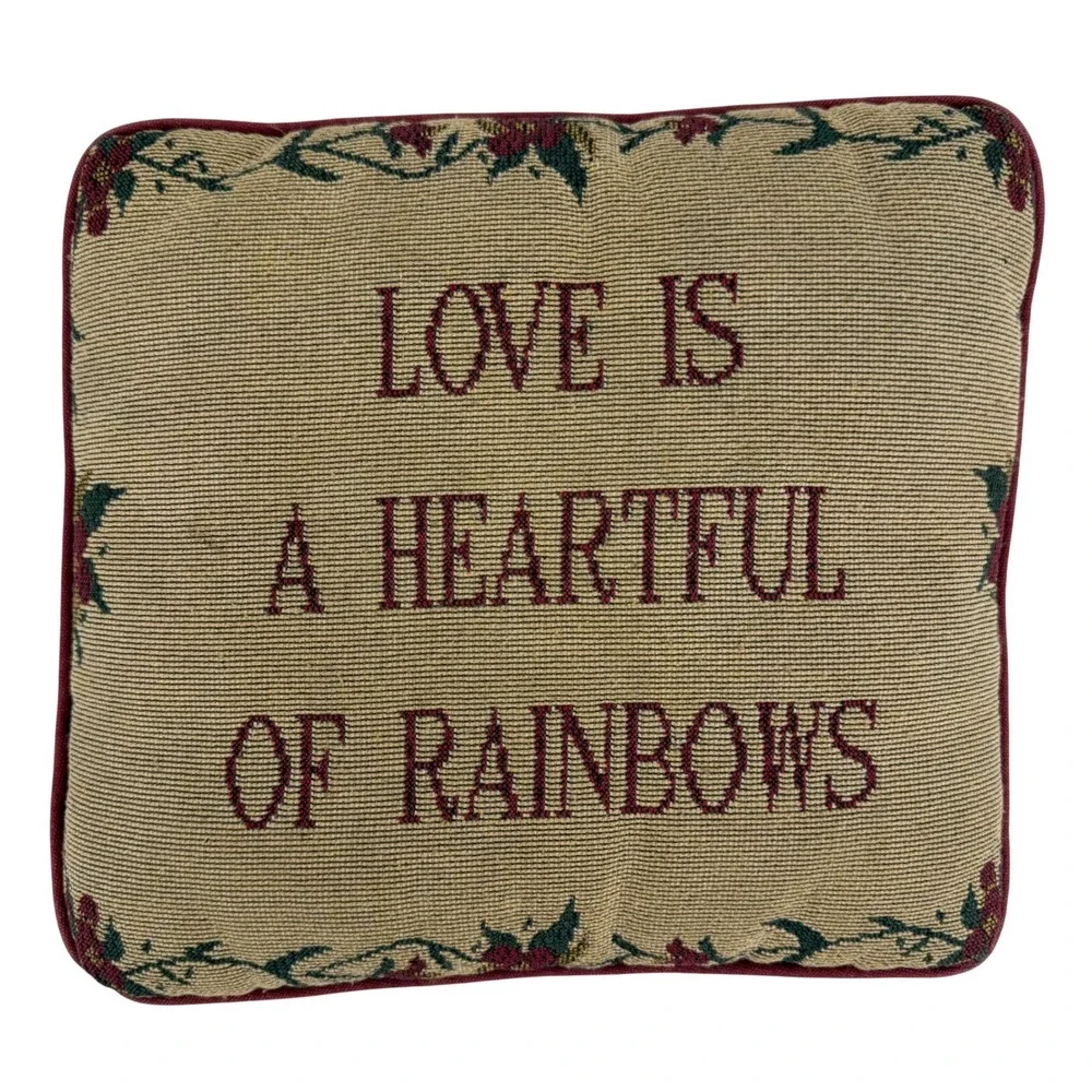 Vintage Style Tapestry Pillow Love Is A Heartful Of‎ Rainbows Floral Burgundy